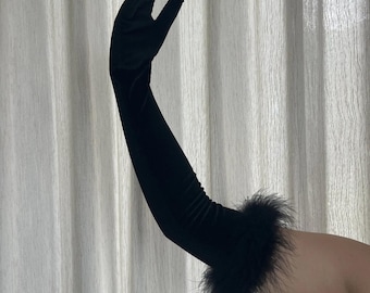Elegant Long Black Feather Velvet Satin Gloves