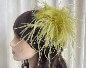 Mustard Yellow Feather Fascinator Hat Brooch, Handmade Large Feather Hair Clip, Race Day Tea Party Wedding Accessory