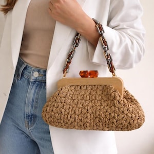 Handmade Raffia Crochet Clutch: Wooden Kiss Lock, Boho Purse, Lined Interior