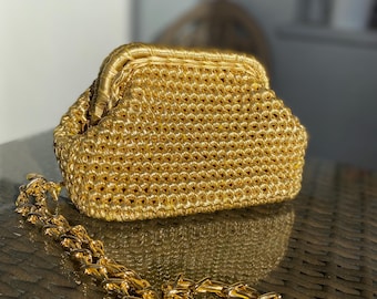 Gold Woven Raffia Clutch Bag, Metallic Shiny Rope, Vegan Leather Lined, Evening Bag
