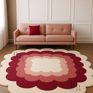Floral Scalloped Hand-Tufted Rug – Abstract Red, Pink & Beige Irregular Shape Area Carpet for Living Room or Bedroom”
