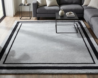 Hand Tufted Wool Rug, Cream Black Border, Modern Geometric Carpet, Luxury Living Room