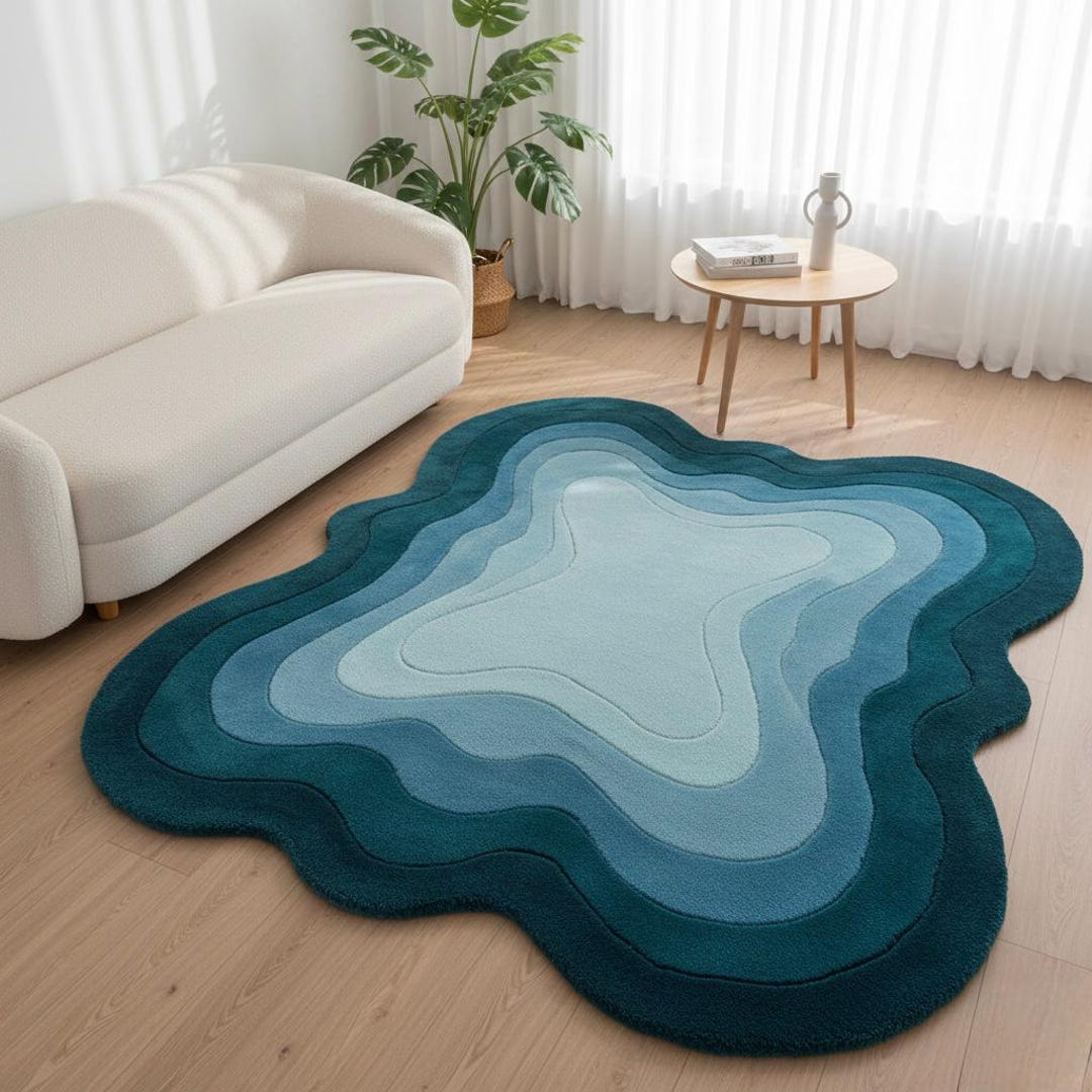 Okej Ripple Rug Modern Wavy Blue Layer Rug – Ocean Ripple Abstract Carpet | 3D Gradient ...
