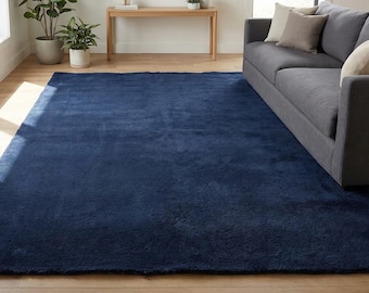 Hand Tufted Navy Blue Wool Rug, Plush Modern Minimalist Carpet