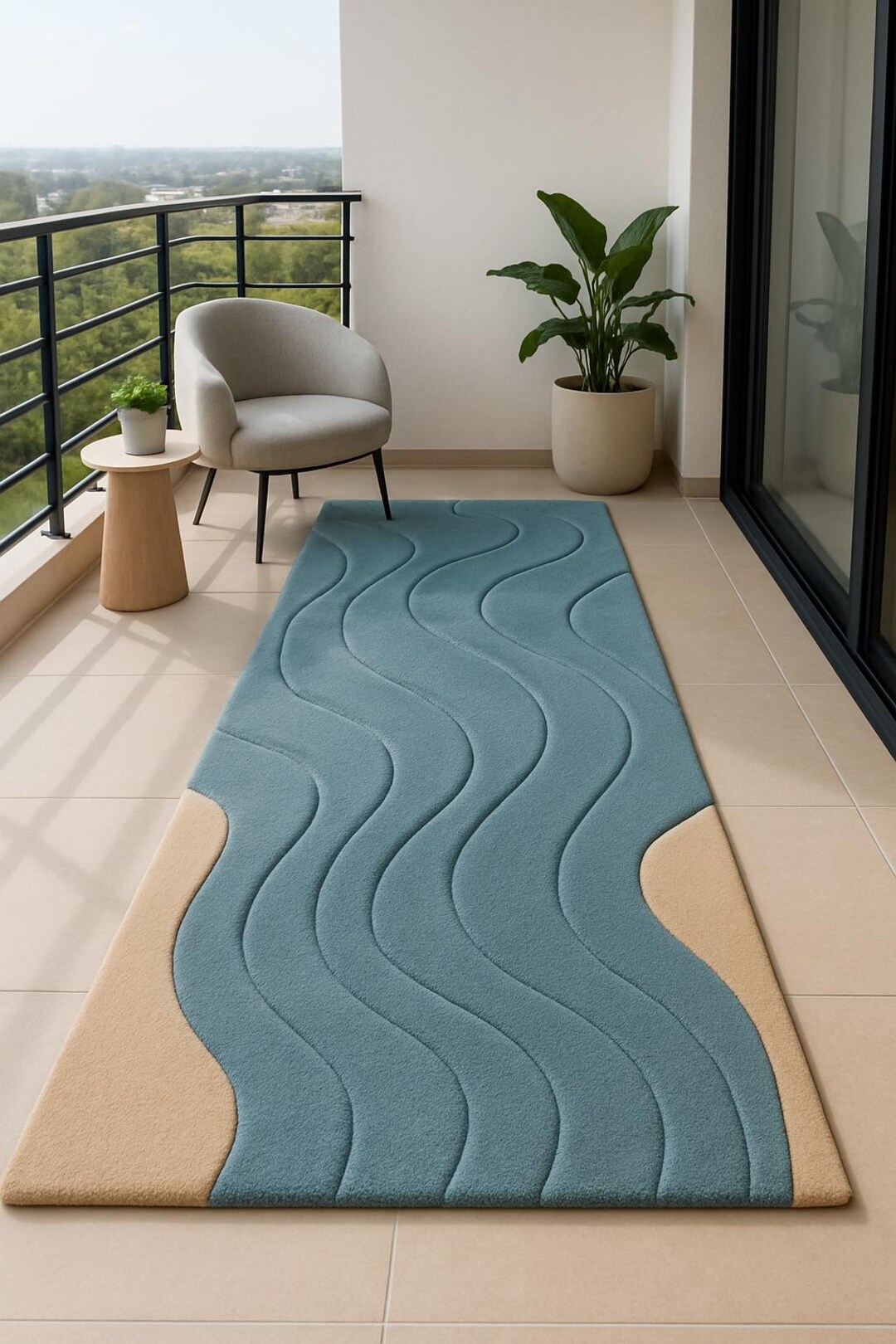 3d Pattern Runner Rug Blue and Beige Wave Pattern Runner Rug – Hand-tufted Wool Coastal ...