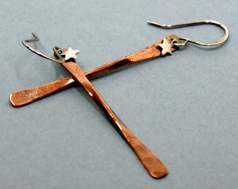 Copper Bar Drop Earrings with Silver Star Accent, Patina Jewellery, Sterling Silver Ear Wires