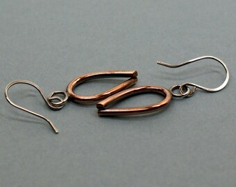 Copper and Silver Inverted Teardrop Earrings with Patina, Everyday Jewellery, Mixed Metal Drops