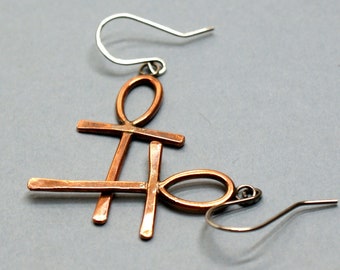 Ankh Cross Earrings in Oxidised Copper with Sterling Silver Ear Wires, Ancient Egyptian Jewellery, Goth Style Drops