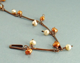 Pearl Bracelet in Oxidised Copper, Bar Link Jewellery, Orange and Peach Dangles