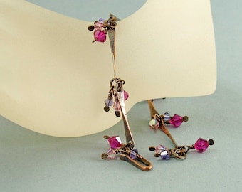Purple Crystal Dangle Bracelet in Oxidised Copper, Ladies Dainty Boho Jewellery