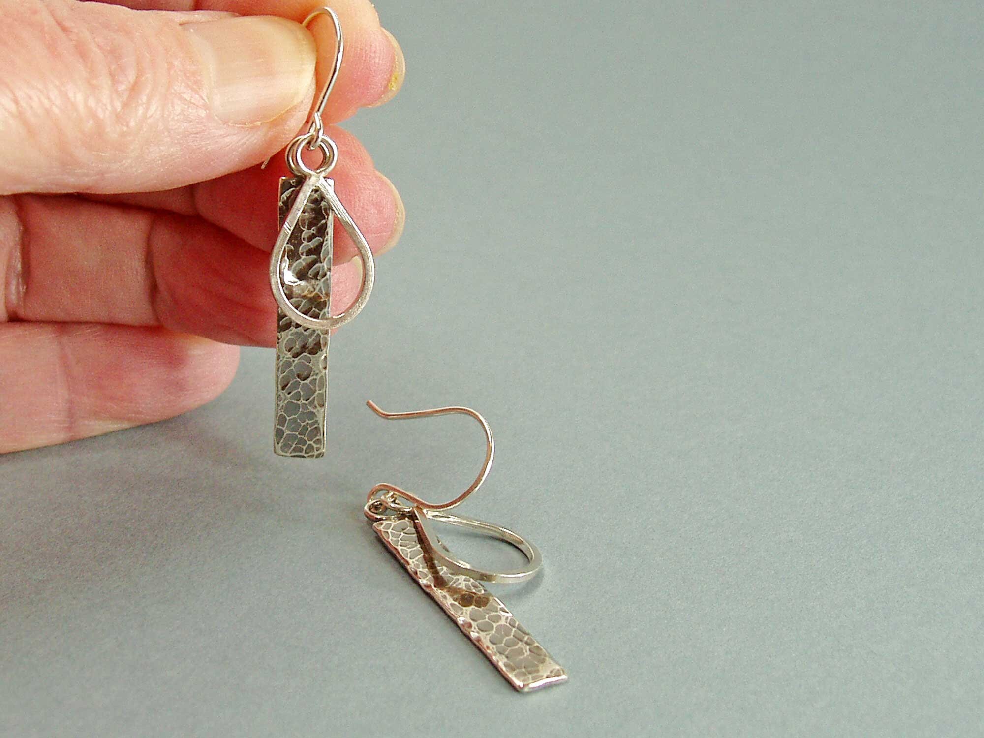 Bar and Teardrop Earrings in Sterling Silver Hammered Long Etsy