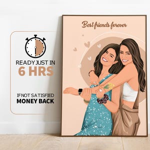 retrato de dibujos animados de mejor amiga, regalo de cumpleaños para ella, amistad personalizada, impresión de retrato sin rostro, regalo para mejor amiga, regalo de amistad personalizado