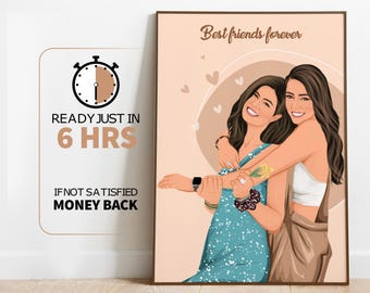 best friend cartoon portrait, Birthday Gift for Her, Friendship Custom, Faceless portrait print, gift for bestie, Custom Friendship Gift