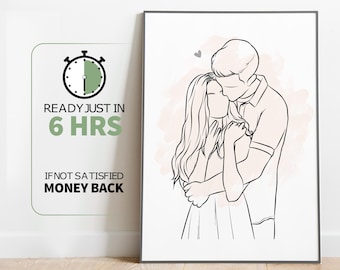 Personalized Line Art Portrait | Custom Couple and Pet Drawing | Minimalist Wall Art Print | Anniversary Gift | Wedding Gift
