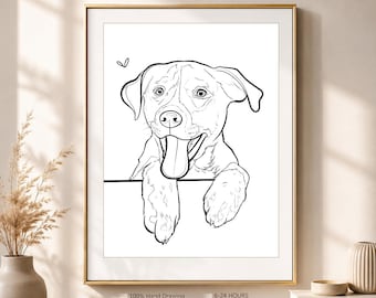 May include: A black and white line art illustration of a dog with its tongue out, resting its front paws on a horizontal line. The print includes the text 100% Hand Drawing By Professional Artists, 6-24 HOURS, Fast Delivery, High Quality Digital File, Unlimited Revision.
