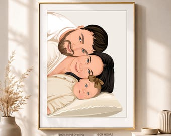 May include: A digital portrait illustration of a family of three, including a man with dark hair and a beard, a woman with dark hair, and a baby with a brown bow, all lying on a pillow. The text reads 100% Hand Drawing By Professional Artists, 6-24 HOURS Fast Delivery, High Quality Digital File, Unlimited Revision.