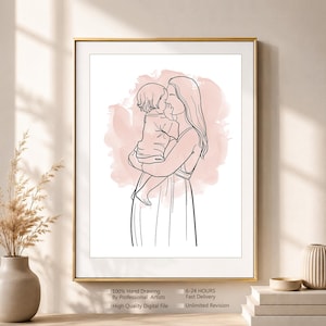 Op de afbeelding: Een ingelijste kunstdruk met een zwarte lijntekening van een volwassene die een kind vasthoudt tegen een zachtroze aquarel-achtige achtergrond. De tekst onderaan luidt: 100% Hand Drawing By Professional Artists, 6-24 HOURS, Fast Delivery, High Quality Digital File, Unlimited Revision.