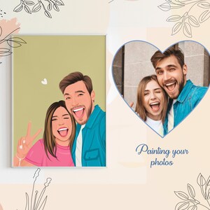May include: A digital painting of a couple, a man and a woman, smiling and looking at the camera. The painting is in a square frame with a light green background. The text "Painting your photos" is below the image.