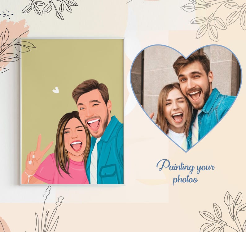 May include: A digital painting of a couple, a man and a woman, smiling and looking at the camera. The painting is in a square frame with a light green background. The text "Painting your photos" is below the image.