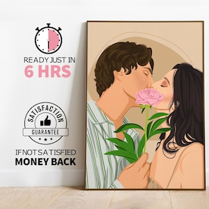 May include: A digital illustration of a couple kissing with a pink flower in between their lips. The background is a light brown color with a circle in the center.