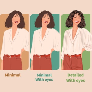 May include: Three illustrations of a woman with brown curly hair wearing a white button-down shirt and red pants. The illustrations show different levels of detail, with the first being minimal, the second showing eyes, and the third showing more detail, including the eyes.