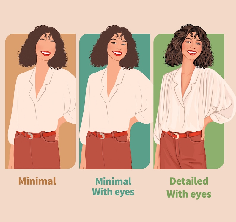 May include: Three illustrations of a woman with brown curly hair wearing a white button-down shirt and red pants. The illustrations show different levels of detail, with the first being minimal, the second showing eyes, and the third showing more detail, including the eyes.