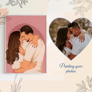 May include: A digital painting of a couple embracing. The woman is wearing a white shirt and the man is wearing a white shirt. The background is a soft pink color.