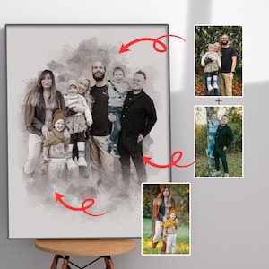 Può includere: Un ritratto di famiglia incorniciato con effetto acquerello, raffigurante un gruppo di adulti e bambini. L'opera è in scala di grigi con uno sfondo morbido e sfocato. Sono incluse foto più piccole aggiuntive.
