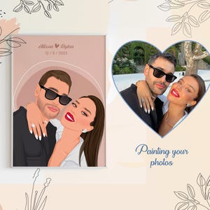 May include: A digital painting of a couple, Allison and Dylan, with the date 12/5/2023. The couple is depicted in a romantic pose, with the woman's arm around the man's neck. The painting is in a minimalist style, with a soft pink background.