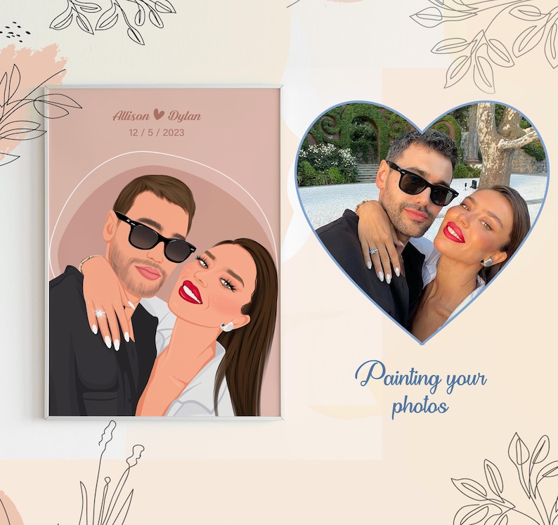 May include: A digital painting of a couple, Allison and Dylan, with the date 12/5/2023. The couple is depicted in a romantic pose, with the woman's arm around the man's neck. The painting is in a minimalist style, with a soft pink background.