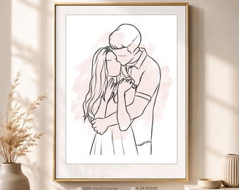 Personalisierte Linie Kunst Porträt | Benutzerdefinierte Paar und Haustier Zeichnung | Minimalistische Wand Kunst Druck | Jubiläumsgeschenk | Hochzeitsgeschenk