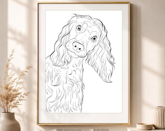 May include: A black and white line art illustration of a long-eared dog with a tilted head, framed in a gold border. The text below reads: 100% Hand Drawing By Professional Artists, 6-24 HOURS Fast Delivery, High Quality Digital File, Unlimited Revision.