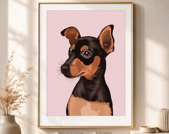 May include: A digital illustration of a black and tan dog with large ears, set against a solid light pink background within a gold frame. Text below the image reads: 100% Hand Drawing By Professional Artists, 6-24 HOURS Fast Delivery, High Quality Digital File, Unlimited Revision.
