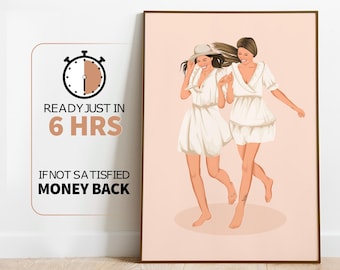 Best friend Cartoon Portrait, Birthday Gift for Her, Personalized Gift For friend, faceless portrait for bestie, minimal friendship gift