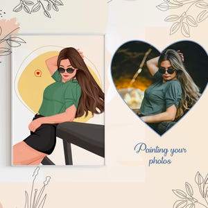 May include: A digital illustration of a woman with long brown hair wearing sunglasses and a green shirt. The woman is leaning on a railing. The background is a yellow and white abstract design. The text "Painting your photos" is below the image.