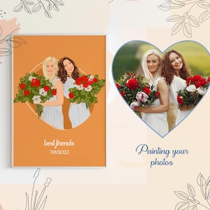 May include: Two women with bouquets of red flowers are illustrated in a cartoon style. The image is set against a light orange background with the text "best friends 7/18/2023".