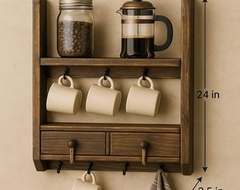 Rustic Wall Shelf with Hooks and Drawers | 24x16x3.5 inch Vintage Wood Shelf | Farmhouse Coffee Bar Organizer | Handmade
