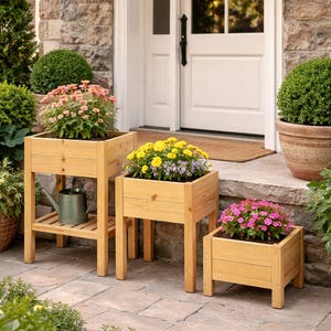 Wooden Raised Planter Box with Legs, Rustic Outdoor Garden Stand, Balcony Patio Flower Box
