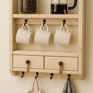 May include: Wooden coffee station with a shelf holding a glass jar of coffee beans and a French press. Below, three white mugs hang from black hooks. Two small drawers and a hanging cup are also featured.