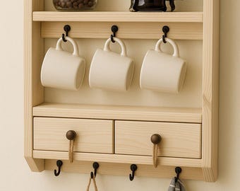 Handmade Rustic Wooden Coffee Shelf | Wall Mounted Coffee Bar Organizer with Hooks and Drawers | 24x16x3.5 inch Kitchen Mug Rack