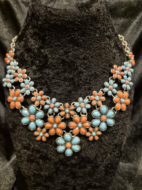 Coral Aqua Floral Necklace, Magnetic Clasp, 20 inch