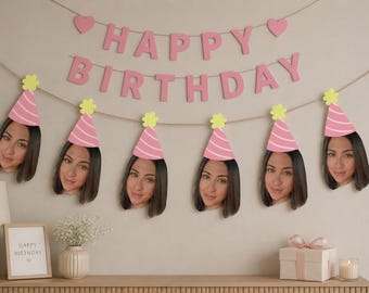Personalised Face & Party Hat Bunting. Birthday Banner Decoration