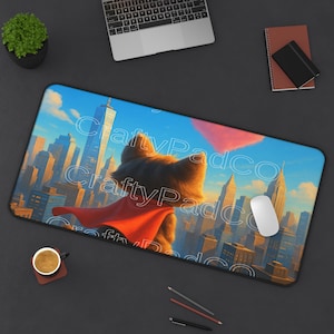 Alfombrilla de ratón de superhéroe con diseño de gato, alfombrilla de escritorio de gatito kawaii, alfombrilla de ratón estilo Pixar, alfombrilla de juego de animales adorables, regalo para amantes de los gatos, accesorio de escritorio acogedor, decoración de gato héroe.