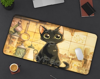 Kawaii Cat Mousepad,Anime Desk Mat,Black Cat Desk Decor,LoFi Cozy Mouse Pad,Cute Cat Gift,Aesthetic Gaming Pad,Cottagecore Desk Mat