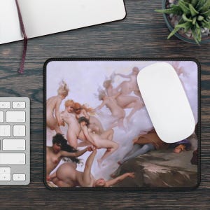 May include: A mouse mat featuring a painting of nude figures in a swirling, ethereal setting. The figures are depicted in various poses, with their bodies intertwined and flowing through the air. The background is a soft, hazy blue, with hints of white and pink. The mouse mat is made of a durable, high-quality material and is perfect for adding a touch of art to your workspace.