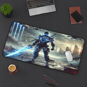 Mousepad,Desk Mat,Mouse Pad,Cyberpunk Samurai,Battlefield,Armor,Futuristic Sword,Post Apocaliptic City,Flying Drones,Stormy Sky,Concept Art