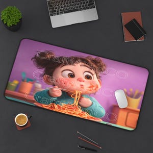 May include: A purple and pink mousepad with a cartoon image of a girl with brown hair and brown eyes eating spaghetti. The girl is wearing a blue shirt and has spaghetti sauce on her face. The text "CraftyPadco" is repeated multiple times on the mousepad.