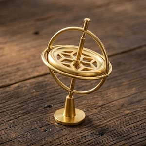 May include: A gold-colored brass gyroscope featuring a central spinning disc with a geometric hexagonal cutout pattern, mounted on a circular base. The device consists of a central vertical axis held within two concentric rings, all made of metal.