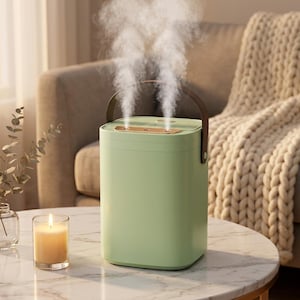 May include: A light green portable humidifier with a rectangular body, a dark brown carrying handle, and a gold-toned top panel featuring two mist outlets. Two distinct streams of white mist rise vertically from the top of the device.