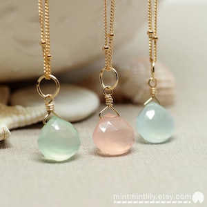 Chalcedony 14k Gold Filled Pendant Necklace \ Gemstone Jewelry \ Wire Tear Drop Pendant \ Green, Blue, Pink chalcedonies available!
